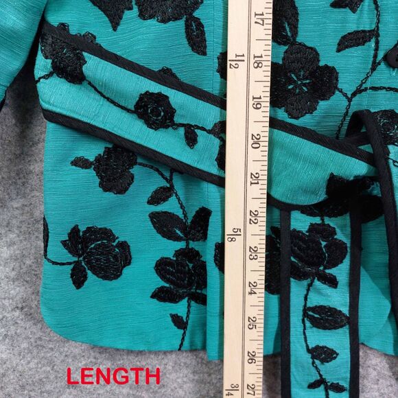 Silkland Embroidered Jacket Large Teal Green 100% Silk Floral Blazer Belted - Picture 5 of 10